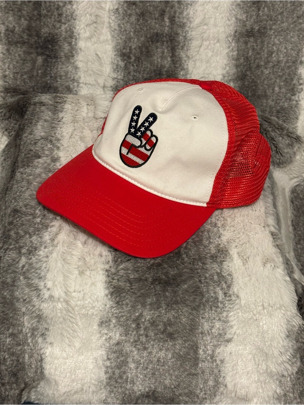 Red and White Trucker Hat with Peace Hand Patch - Picture 2 of 7